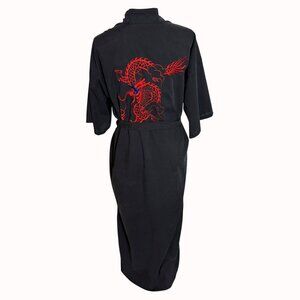 Black Dragon Kimono Robe Red Embroidered With Belt VTG Retro 70s Asian Fashion